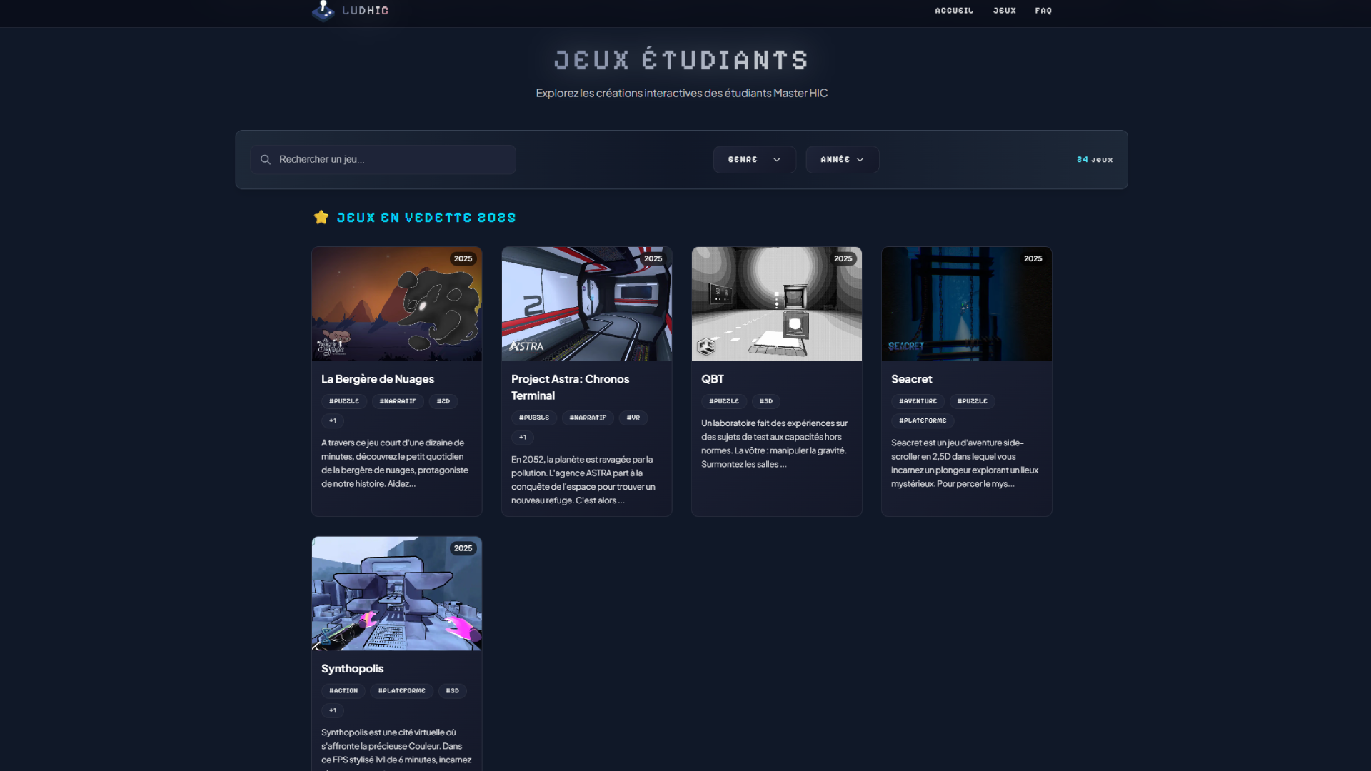 Page de sélection des jeux