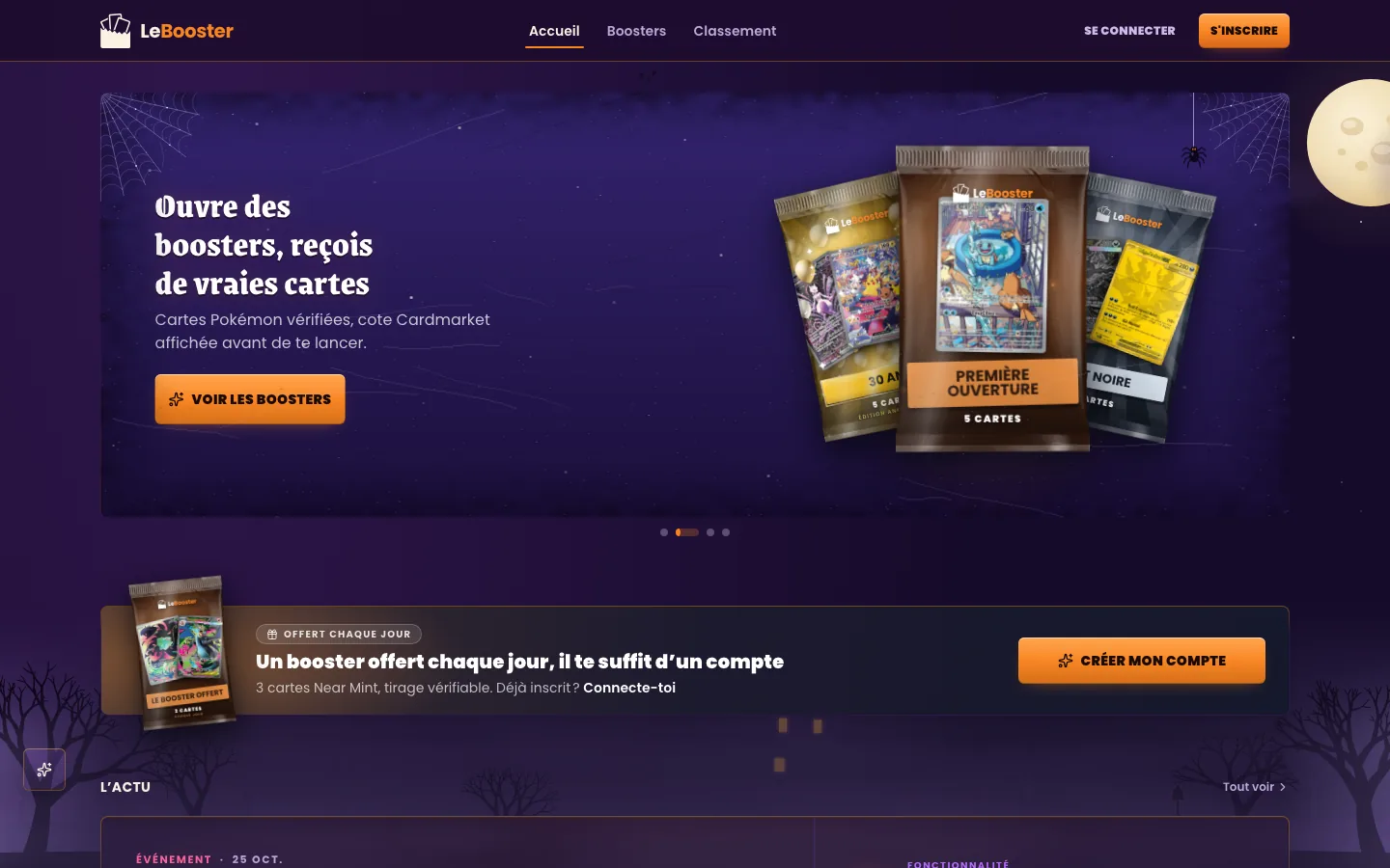 Accueil : boosters à la une et booster offert chaque jour