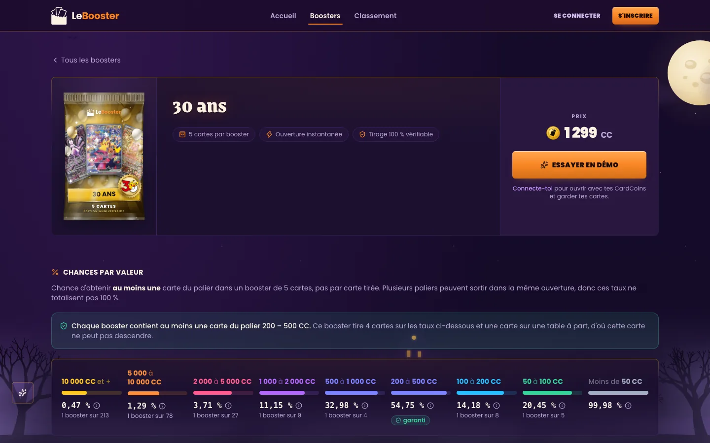 Fiche d'un booster : prix en CardCoins et chances publiées par palier de valeur