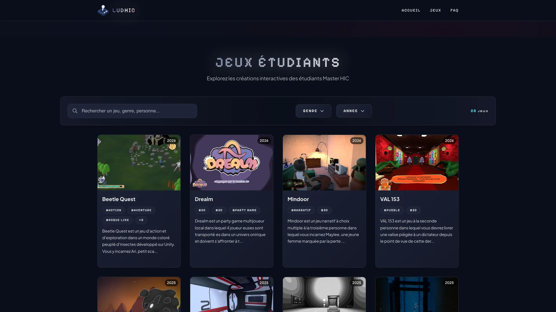 Catalogue des 28 jeux, avec recherche et filtres par genre et par année