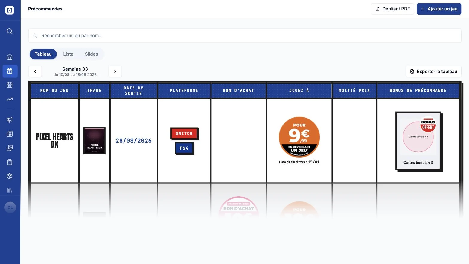 Tableau des bonus de précommande, export imprimable généré depuis la base (données et visuels fictifs)