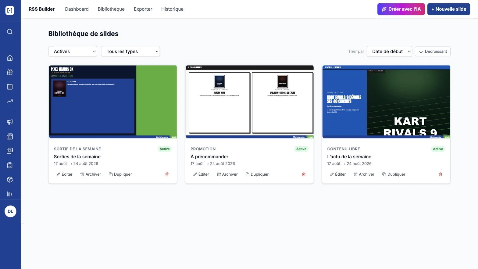 Bibliothèque de slides : chaque envoi se compose depuis des slides réutilisables (données fictives)