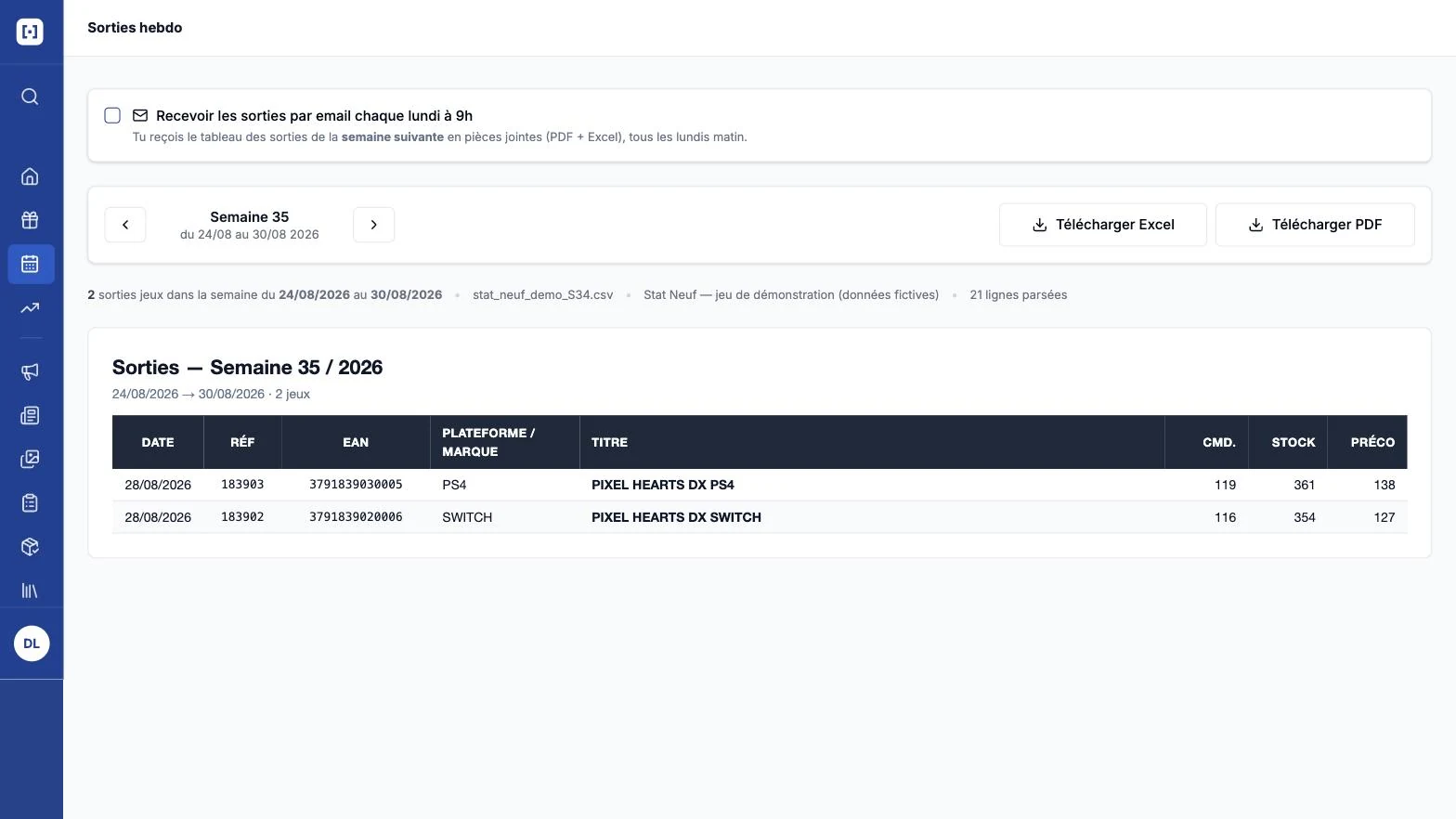 Sorties de la semaine dérivées de l'export catalogue, exportables en Excel et en PDF (données fictives)